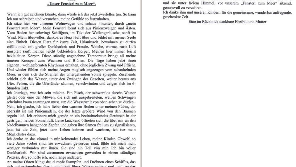 Monika Eckert schrieb diese Urlaubsimpressionen als Liebeserklärung an ihren Ehemann und ihre Kinder. Bild: NT/AZ