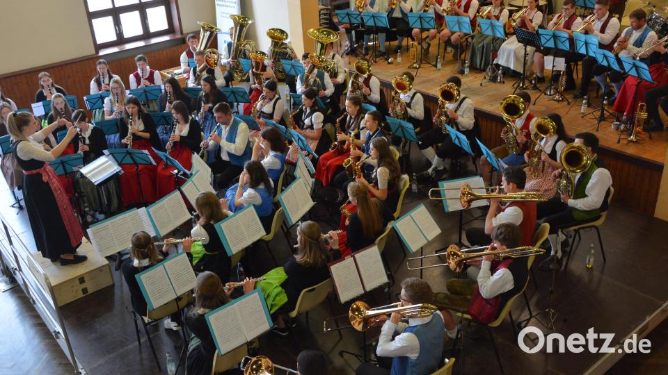 Nahezu sechzig Musiker umfasste das Kreisorchester Tirschenreuth, dass mit einem herausragenden Abschlusskonzert das dreitägige Probenwochenende beendete. Den Zuschauern in der Waldsassener Stadthalle bot sich dieser imposante Blick. Bild: jr