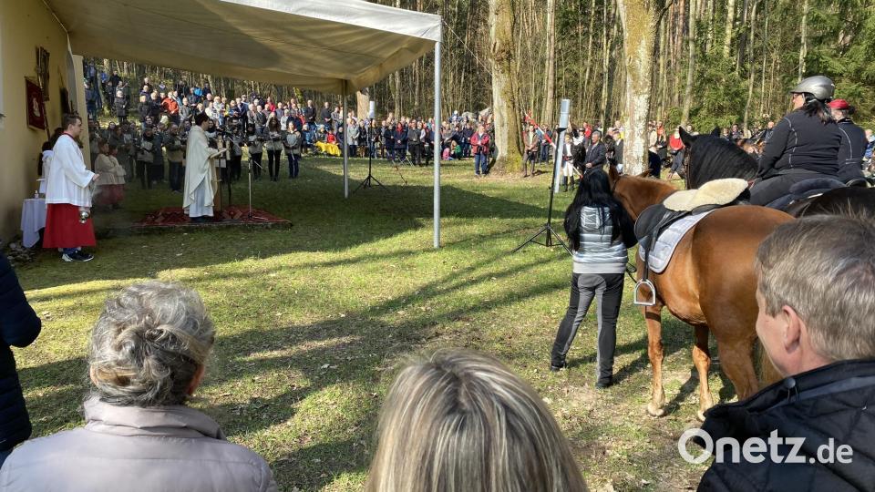 Inmitten zwischen Besuchern und Pferden zelebrierte Pfarrer Johannes Elberskirch auf der Freifläche vor der Brünnl-Kapelle den Gottesdienst, musikalisch umrahmt von der Jugendblaskapelle, die zuvor auch schon den Zug der Pferde durch die Stadt begleitet hatte. Bild: aub