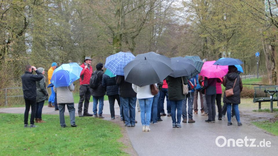 Der Regen konnte die Teilnehmer der Vogelstimmenwanderung mit Experte Wolfgang Winter nicht verschrecken. Belohnt wurden sie mit Sichtungen besonderer Vögel. Bild: Nicole Merbald/exb
