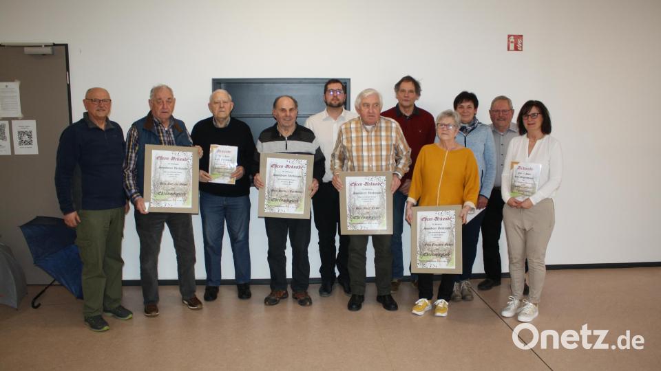 Vier neue Ehrenmitglieder und drei Jubilare zeichnet Vorsitzender Albert Ficker (Zweiter von rechts) mit Ehrenurkunden aus. Urkundenträger von links: Andreas Anger (Ehrenmitglied), Karl Rupprecht (40 Jahre), Herbert Kormann, Adolf Ficker, Elisabeth Ficker (Ehrenmitglieder), Katharina Hartmann (40 Jahre); außerdem Regina Berger (Dritte von rechts, 10 Jahre). Links Schriftführer Franz Pecher, Fünfter von links Vizevorsitzender Anton Haberl, Fünfter von rechts Stadtrat Christian Mörtl. Bild: bjp