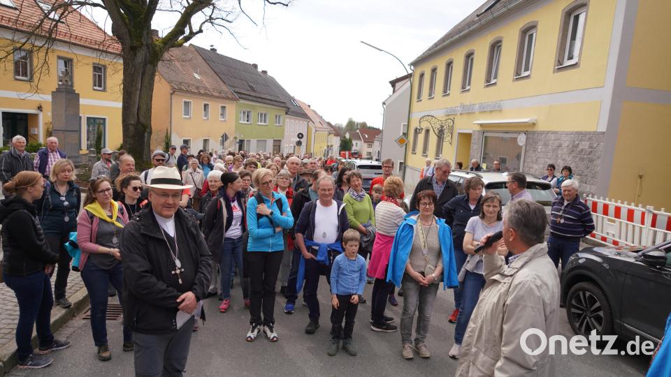 Bischof Rudolf Voderholzer (Mitte mit hellem Hut) ist unter der von Waldthurn startenden Friedenspilgerschar die zum Fahrenberg ging. Bild: fvo