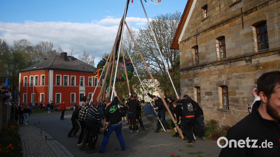 Nur mit Schwalben und Muskelkraft wurde in Oberbibrach wieder der Maibaum aufgestellt. Bild: edo