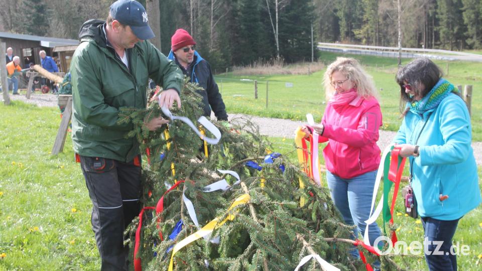 Vor dem Aufstellen muss die Spitze des Maibaums geschmückt werden. Bild: pi