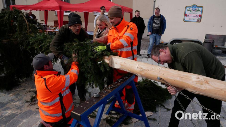 Hand in Hand arbeiteten Mitglieder von Feuerwehr, SPD und Bauhof beim Maibaumspektakel in Eslarn. Bild: gz