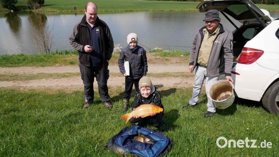 Jungfischer Michael Bäumler sichert sich mit einem Gelb-Karpfen im Kescher den ersten Platz. Glückwünsche kommen von Sportwart Christoph Kulzer, Jungfischer Christian Schröpfer und Vater Jürgen Bäumler (von links). Bild: gz