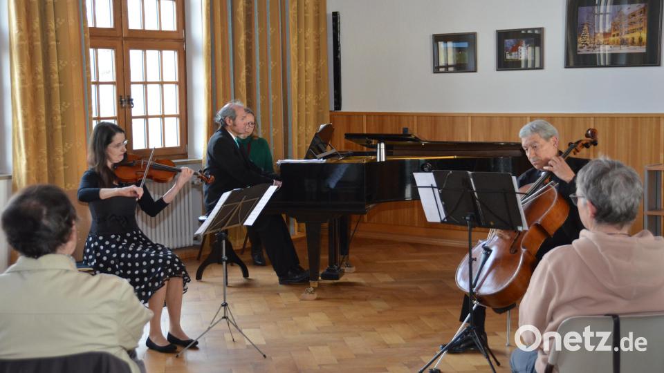 Das Ensemble „TRIOnfal“ mit Susanne Hofmann (Violine), Carlos Nozzi (Violoncello) und Gustavo La Cruz (Klavier) beim Konzert im großen Rathaussaal. Bild: dob