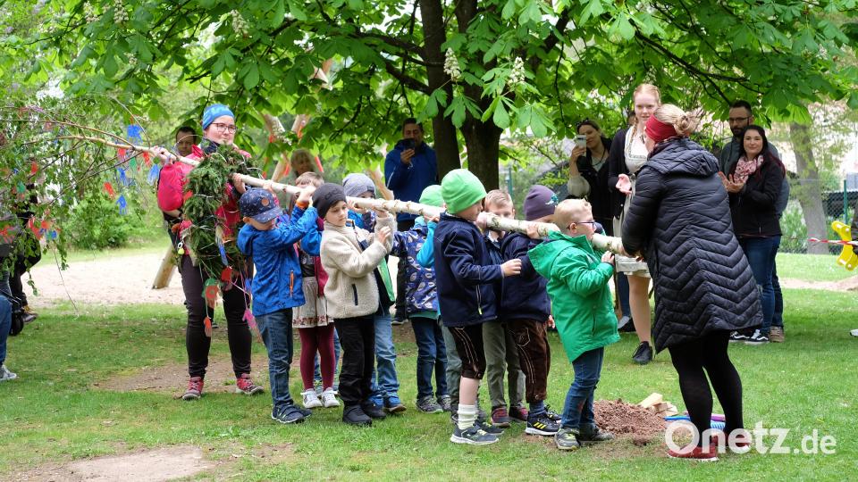 Ganz aufgeregt, aber mit viel Applaus tragen die Buben der &quot;großen Krokodile&quot; den Baum auf den Festplatz. Bild: wlr