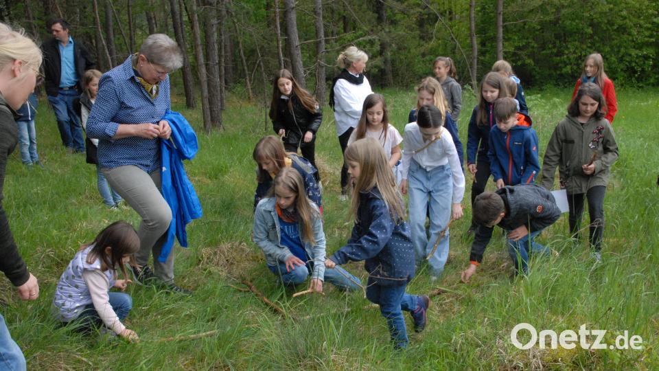 Um in die Natur einzutauchen, gestalten die Teilnehmer an der Eröffnung des Waldbadepfads Kids aus Naturmaterialien ein Kreuz. Bild: pop