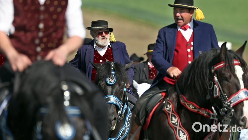 Teilnehmer des Kötztinger Pfingstritts reiten mit ihren Pferden auf einer Straße. Bild: Karl-Josef Hildenbrand/dpa