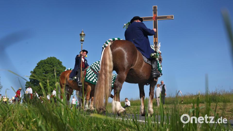 Teilnehmer des Kötztinger Pfingstritts reiten mit ihren Pferden auf einer Straße. Bild: Karl-Josef Hildenbrand/dpa