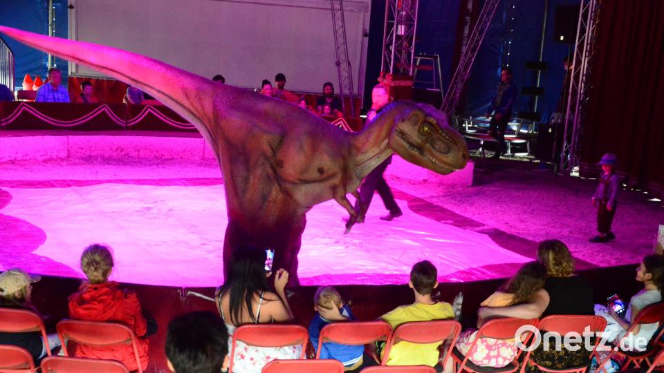 Auch ein Dino war dabei, zum Schrecken der Kinder in der ersten Reihe. Bild: Kunz