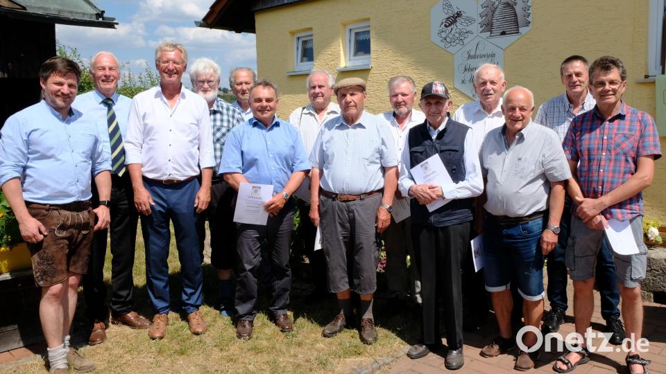 Die für 30 und 40 Jahre Mitgliedschaft geehrten Imker des Vereins. Bürgermeister Peter Neumeier, Arnold Kimmerl und Vorsitzender Karlheinz Dausch (von links) gratulierten. Bild: mab