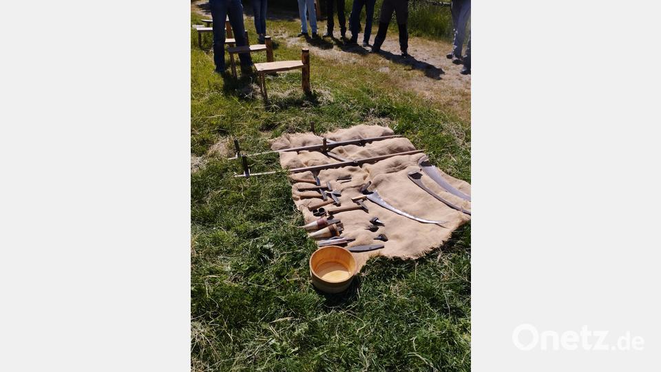 Bei einem Kurs lernten Teilnehmer im Geschichtspark Bärnau-Tachov den richtigen Umgang mit Sense und Sichel. Bild: jba