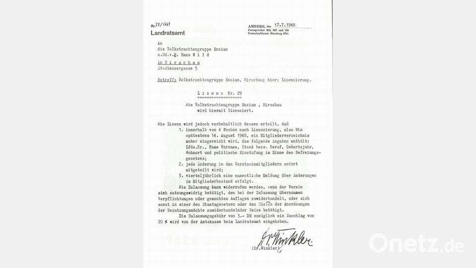Ein historisches Datum für den Heimat- und Trachtenverein: Am 17. Juli 1948 erteilte der von den Amerikanern eingesetzte Landrat Dr. Martin Winkler der Volkstrachtengruppe Enzian Hirschau die Lizenzierung. Bild: u