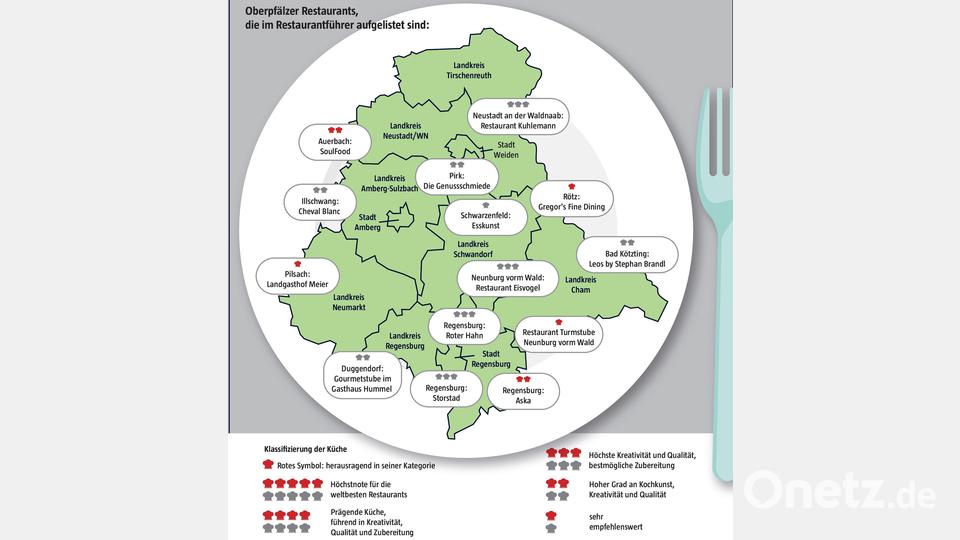 Eine Übersicht der mit Kochmützen ausgezeichneten Oberpfälzer Restaurants. Bild: Marco Meier