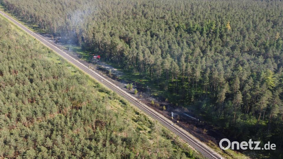 Die Böschung an der Bahnlinie zwischen Weiden-Brandweiher und Parkstein-Hütten brennt. Das Feuer breitet sich in den angrenzenden Wald aus. Die Zufahrt für die Einsatzkräfte wird zum Kraftakt. Luftbild: Gustl Beer