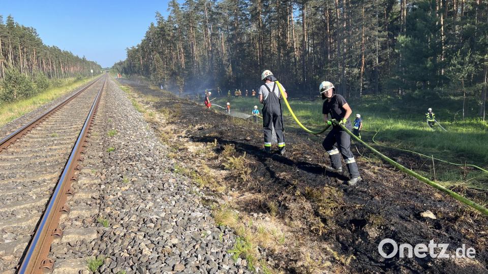 Die Löscharbeiten an der Bahnlinie sind mühsam, die Böschung vom Feuer längst vernichtet. Bild: Gustl Beer