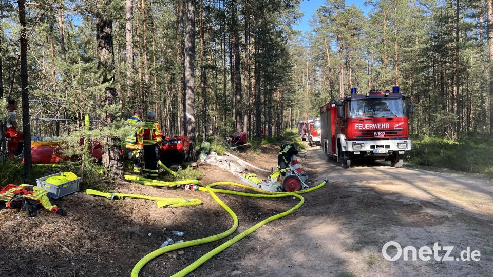 Zig Meter an Löschschläuchen braucht es, um Wasser zum Brandherd zu bringen. In Rot leuchtet aus dem Wald einer der Faltbottiche, die das von Tanklöschfahrzeugen herangekarrte Wasser zur Weiterleitung zwischenspeichern. Bild: Gustl Beer