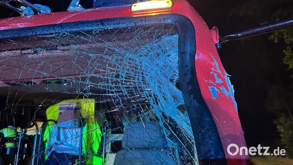 Ein umstürzender Baum hat ein Feurwehrauto touchiert. Bild: Kreisbrandinspektion Bayreuth