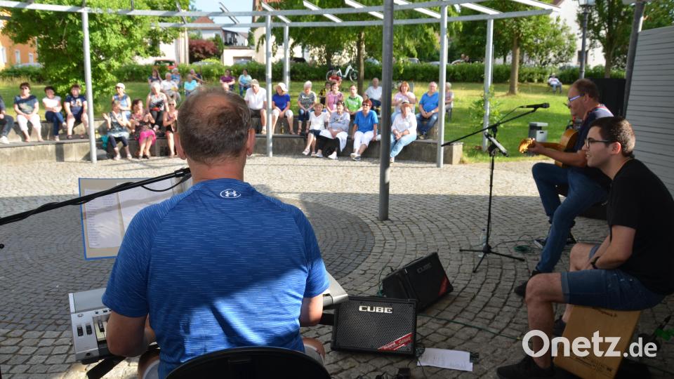 Das Ensemble „Tasten-Bernd &amp; Saiten-Helmut“ mit Bernd Götz und Helmut Lamche aus Weiden sowie dem &quot;Klopfer&quot;-Simon (Simon Lamche) bestritt den Auftakt der diesjährigen Sommerserenaden im Generationenpark, der noch weitere folgen werden. Bild: dob
