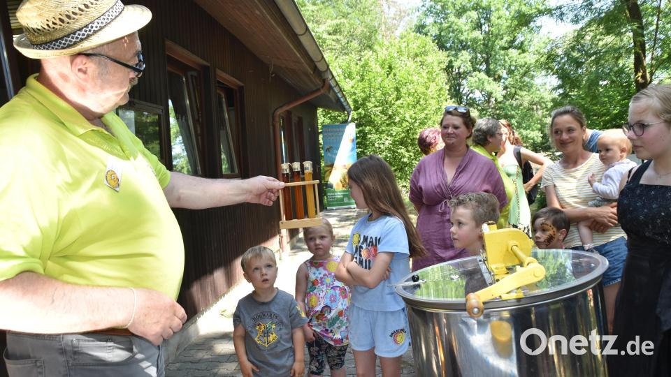 Alexander Ederle erklärt den Besuchern viel über Bienen und Honigproduktion. Bild: hcz