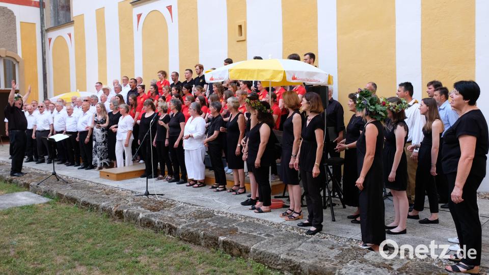 Zum Schluss des Konzerts vereinigten sich die fünf Chöre aus der Sängergruppe Weiden, um mit dem Publikum ein &quot;Singen macht Spaß und munter&quot; anzustimmen. Bild: do