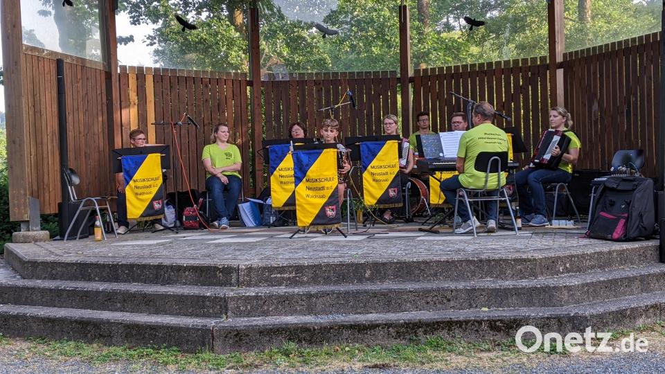 Eine bunte Palette an Titeln brachten das Akkordeon-Orchester (im Hintergrund), die Stadtkapelle und der Solist Max Haberkorn auf seiner Steirischen (vorne, in der Mitte) bei der Serenade der Musikschule in der Freizeitanlage. Bild: kwl