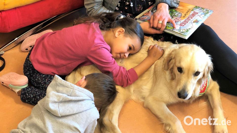 Solange Amy ihr Halsband trägt, darf mit ihr gekuschelt und gespielt werden – immer mit dabei: Frauchen und Erzieherin Bettina Fehlner-Scherer. Bild: Mariella Kramer/exb