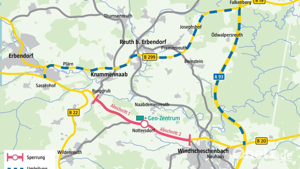 Für die Straßensperre zwischen Burggrub und Windischeschenbach gibt es eine Umleitung. Das Geo-Zentrum an der KZB ist nach wie vor erreichbar. Grafik: Laura Fröhler/Oberpfalz Medien, Quelle: Staatliches Bauamt Amberg Sulzbach