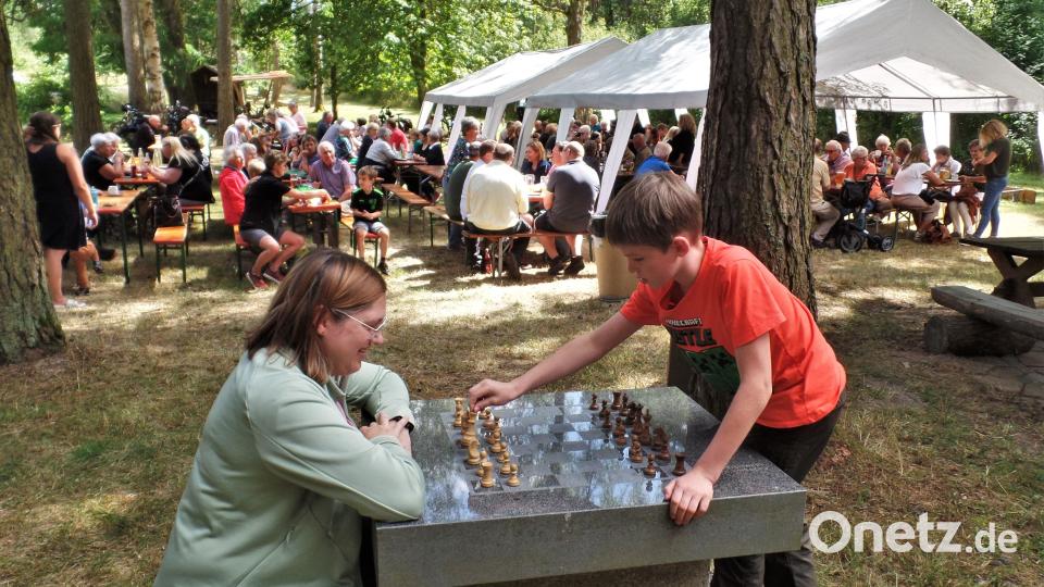 Die Waldfestgäste haben ihren Spaß, beim Essen, Plaudern, Musikhören und auch beim Schachspiel. Bild: jml
