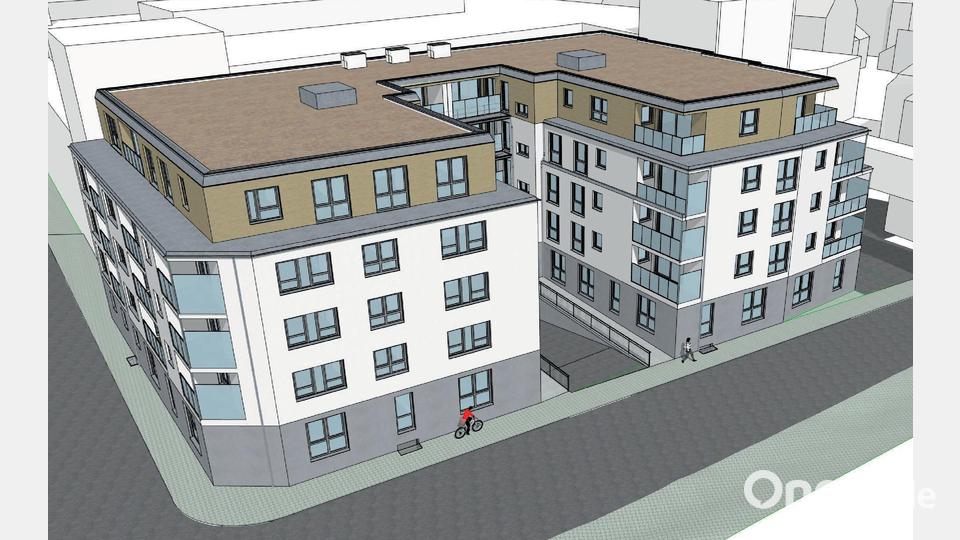Für diesen Bau wird das Evangelische Vereinshaus abgerissen. Die Kreuzer Wohnbau GmbH plant an gleicher Stelle einen Komplex mit 37 Wohneinheiten. Grafik: Kreuzer Wohnbau GmbH