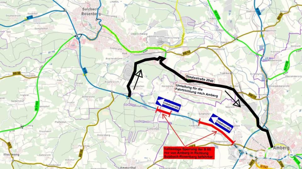 So sieht der Umleitungsplan für die Baumaßnahme aus. Bild: Staatliches Bauamt Amberg-Sulzbach/exb