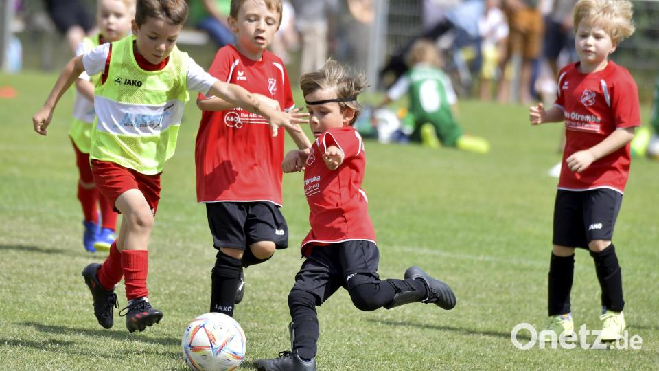 Szene aus dem Spiel der DJK Ursensollen (rote Trikots) gegen den FSV Gärbershof (gelbes Trikot) bei den G-Jugendlichen. Bild: Hubert Ziegler