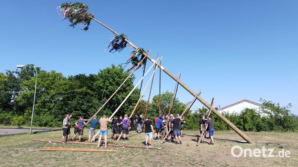Die Kirwaburschen stellten am Freitagnachmittag den Kirwabaum auf. Bild: ral