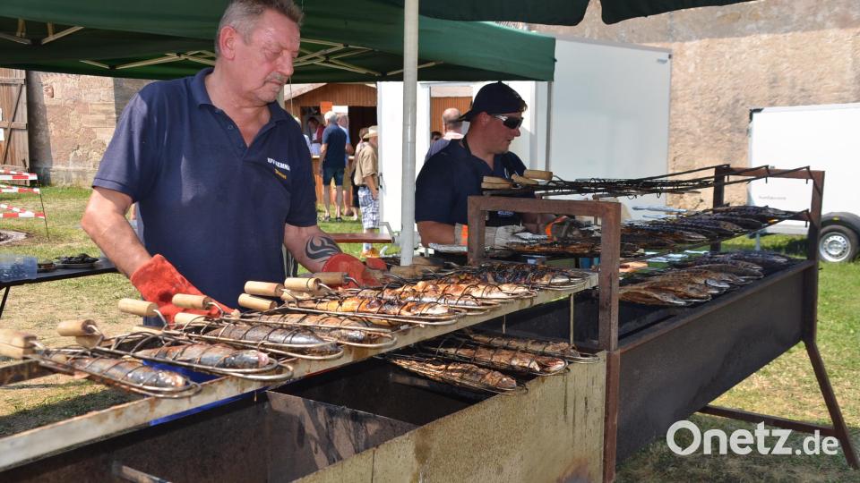 Angesichts der sommerlichen Temperaturen waren die Mitglieder des Kreisfischereivereins am Grillstand nicht um ihre Aufgabe zu beneiden. Bild: ak
