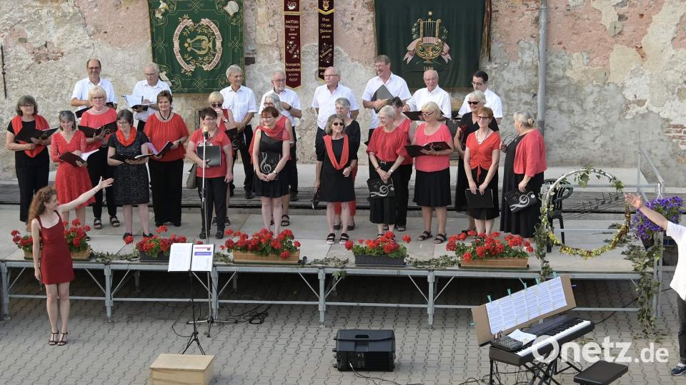Seit 25 Jahren besteht der Gemischte Chor des Gesangvereins 1860. Bei der Jubiläums-Serenade im Schlosshof boten die Sänger unter der Leitung von Jana Müller (vorne links) eine überzeugende Leistung. Bild: u