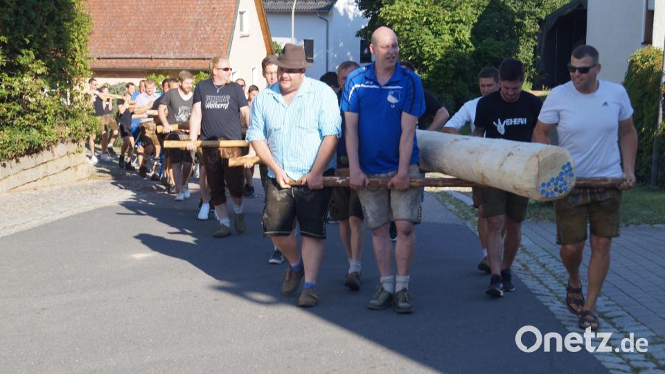 Der 27 Meter lange Kirwabaum wurde zum Dorfplatz getragen. Bild: slh