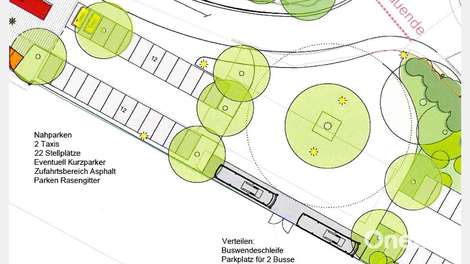 Im Ostbereich werden auch eine Buswendeschleife und zwei Parkplätze für Busse geschaffen. Mehrere Bäume sollen künftig in diesem Bereich für ausreichend Grün sorgen. Bild: Stadt Sulzbach-Rosenberg/Ingenieurbüro Dunst