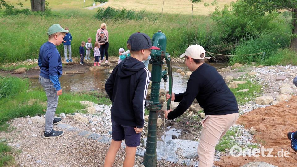 Über eine Handpumpe können Kinder Wasser aus dem Steinwaldbach fördern. Bild: bsc