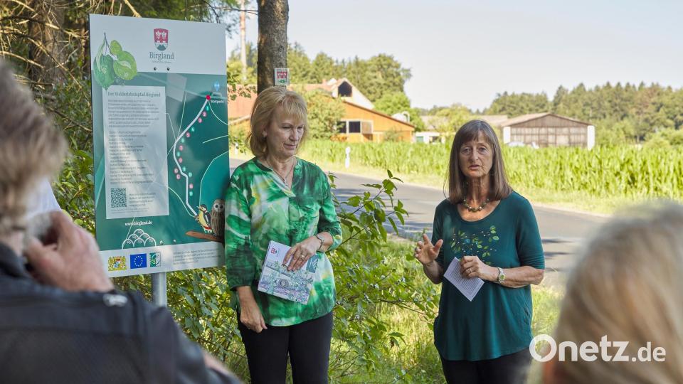 Brigitte Bachmann (links) und Evi Steiner-Böhm stellen den neuen Birgländer Walderlebnispfad vor. Bild: esb