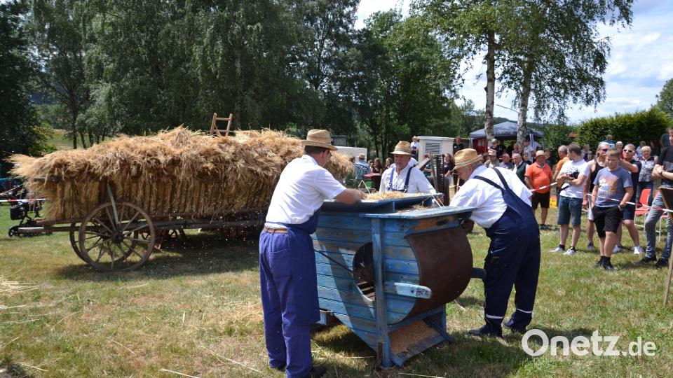 In der Windmühle wurde das Getreide gereinigt, also die Spreu von den Getreidekörnen getrennt. Die Feuerwehr Saubersrieth-Niederland zeigte bei ihrem Sommerfest, wie früher in der Landwirtschaft gearbeitet wurde. Bild: gi