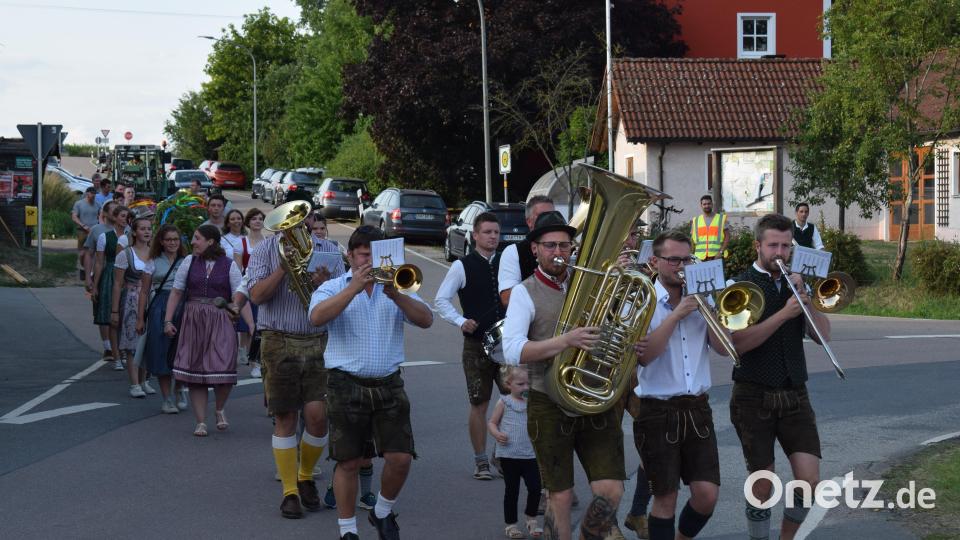 Die "Willhofer Feierwehrkapell'n" gibt musikalisch den Ton an, als der Kirwabaum zum Dorfplatz getragen wird. Bild: bnr