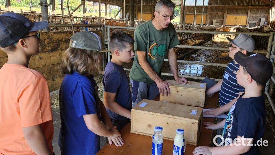 Die Fünftklässler der Realschule im Stiftland in Waldsassen auf dem Hof der Familie Kunz in Groppenheim. Bild: Birgit Plößner/exb