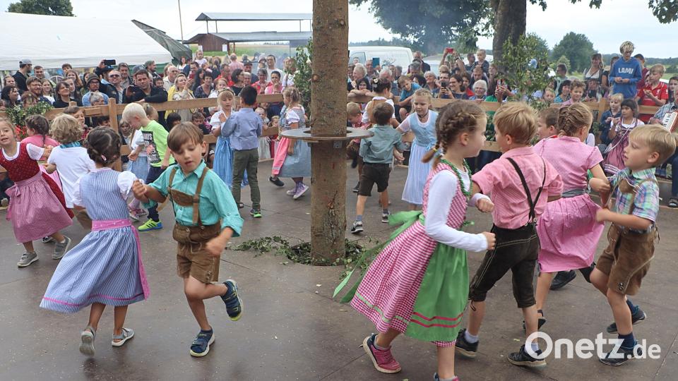 Die Vorschulkinder des Kindergartens Edelsfeld legen eine kesse Sohle auf das Parkett am Kirwabaum. Bild: gru