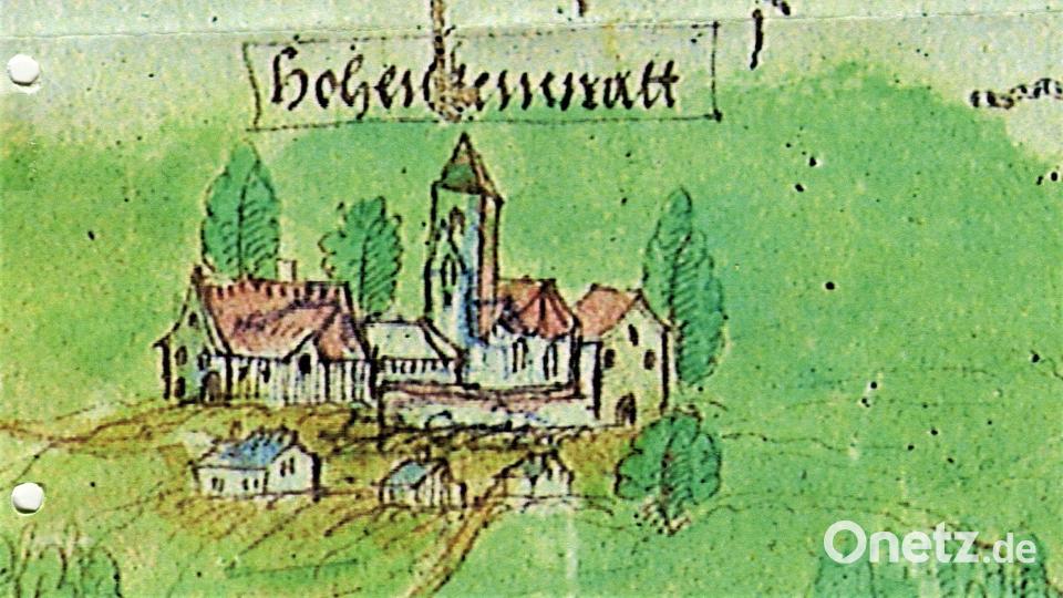 Die älteste bekannte Ansicht von Hohenkemnath (1550-1600). Der typische Zwiebelturm wurde dem Gotteshaus erst 1751 aufgesetzt.
Quelle: StAA Plansammlung Nr. 1967. Repro: Josef Schmaußer
