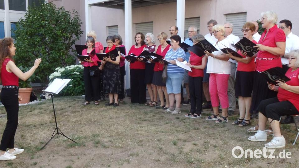 Mit seiner Sommerserenade bereitete der Gemischte Chor unter Leitung von Jana Müller (vorne links) den Bewohnern des BRK Seniorenwohn- und Pflegeheims St. Barbara und den zahlreichen Gästen einen gleichermaßen stimmungsvollen wie kurzweiligen Abend. Bild: u