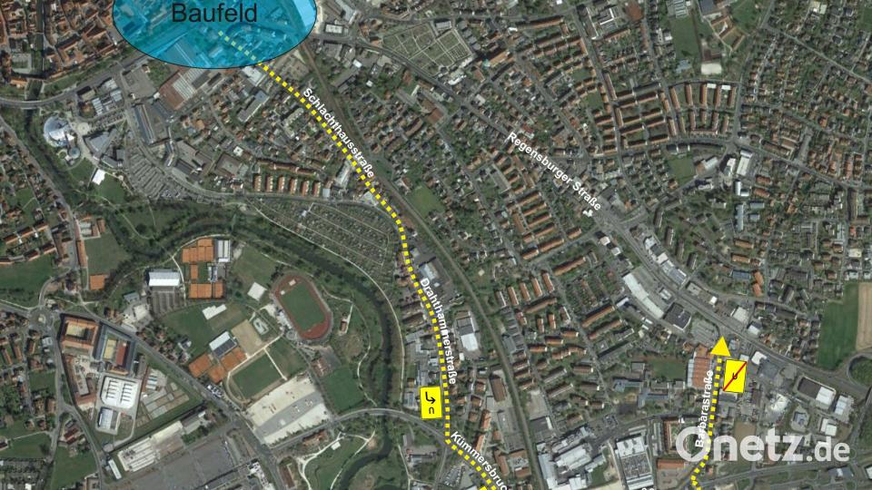 Der Verkehr stadtauswärts wird über die Schlachthausstraße, die Leopoldstraße und die Barbarastraße umgeleitet. Grafik: Michael Untheim/exb