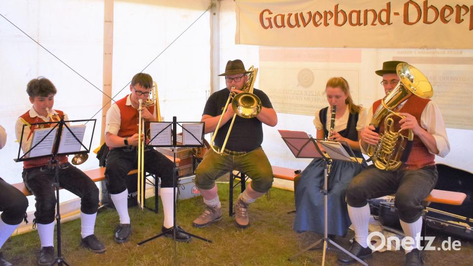 Erich Tahedl, Vorsitzender des Gauverbandes Oberpfalz (rechts) und andere Instrumentalisten begleiteten die Tänzerinnen und Tänzer beim 30. Zeltlager im Städtischen Waldbad. Bild: rgr