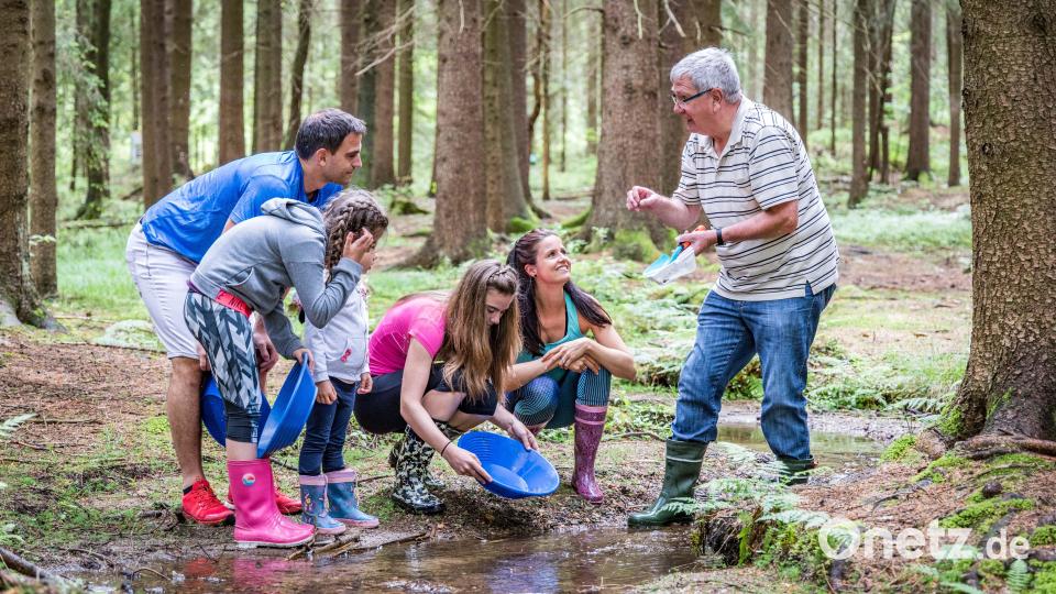 Jugendliche probieren sich selbst am Goldwaschen aus. Bild: Tourismuszentrum Oberpfälzer Wald